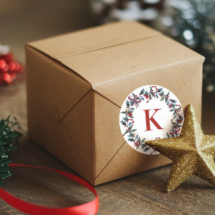 Festive Monogram Christmas Wreath Greenery Classic Round Sticker