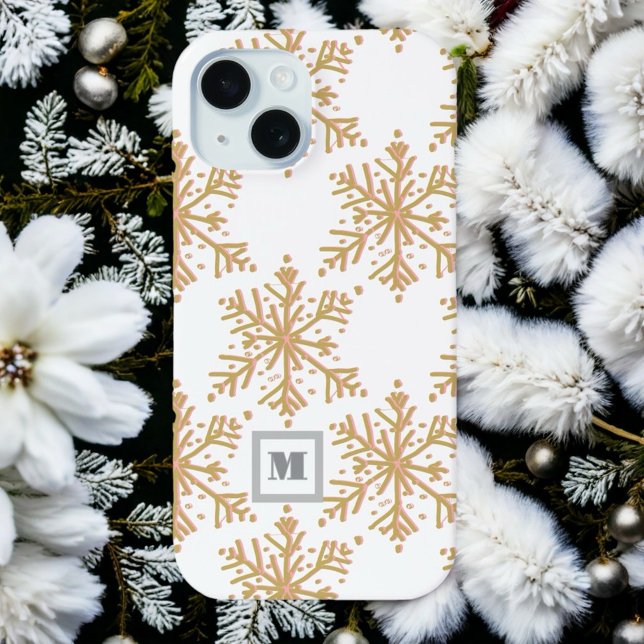 Festive monogram elegant gold  snowflake pattern  iPhone 15 case (Creator Uploaded)