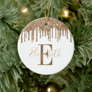 Festive Monogram Gold Glitter Drip Ceramic Tree Decoration