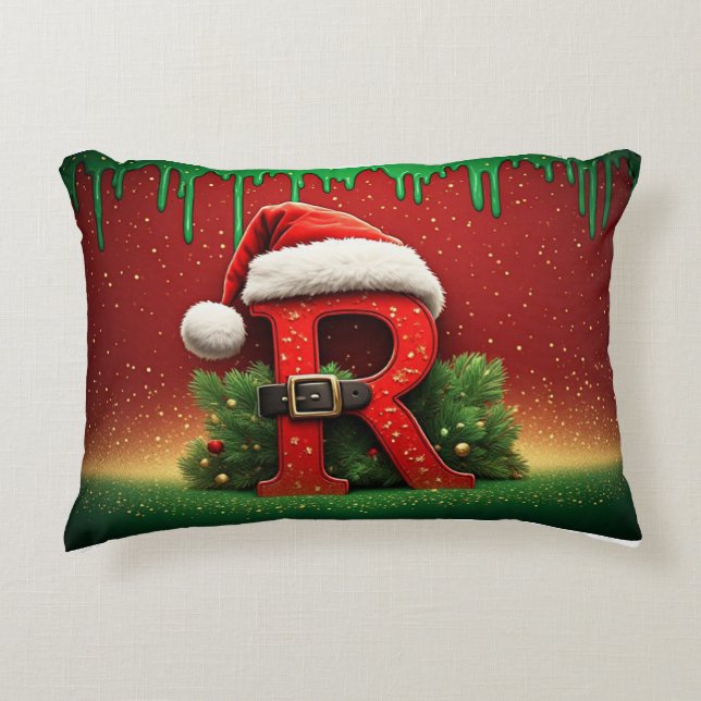 Festive Monogram R Ornament with Santa Hat Decorative Cushion (Front)