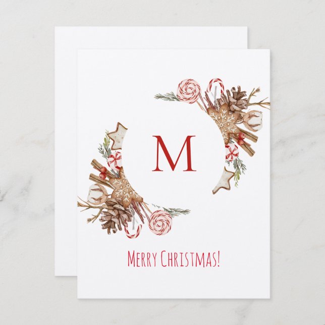 Festive Monogram Wreath Card (Front/Back)