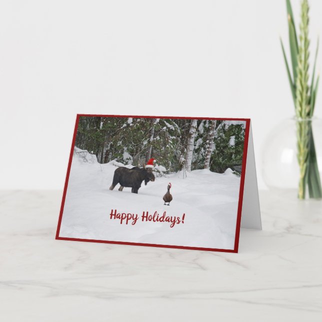 Festive moose in snow with duck holiday card (Front)