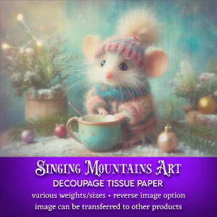 Festive Mouse In Holiday Hat with Cup Decoupage Tissue Paper