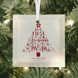 Festive Mr. and Mrs. Newly Weds Christmas Tree  Glass Tree Decoration