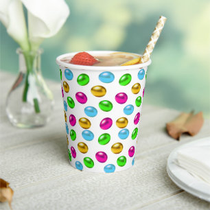 Festive Multicolored Easter Eggs on White Paper Cups