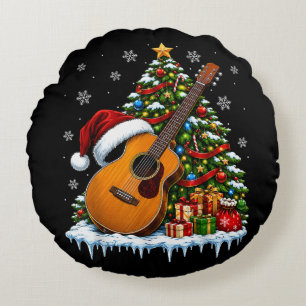 Festive Music Guitar Merry Christmas Tree Round Cushion