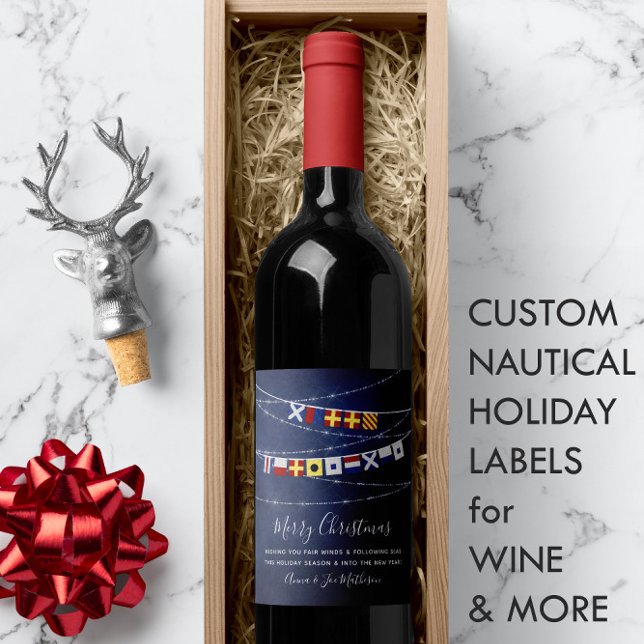 🎅⚓Festive Nautical Flag Merry Christmas  Wine Label (Festive Nautical Flag Merry Christmas Wine Label 🎅
)