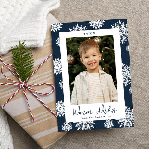 Festive Navy and White Snowflakes Photo Holiday Card