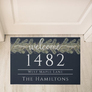 Festive Navy blue family name personalise address Doormat