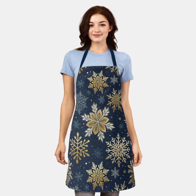 Festive Navy Blue & Gold Snowflake Pattern  Apron (Worn)