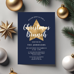 Festive Navy Blue Gold Star Christmas Brunch Invitation