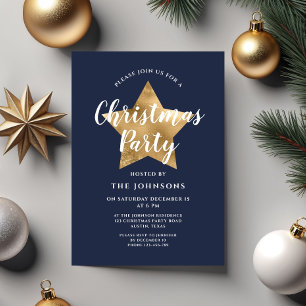 Festive Navy Blue Gold Star Christmas Party Invitation