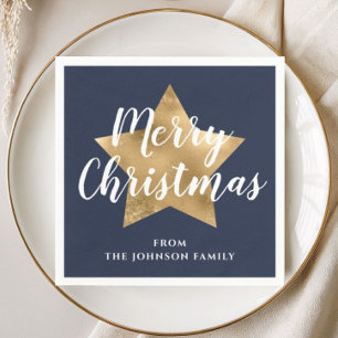 Festive Navy Blue Gold Star Merry Christmas Napkin
