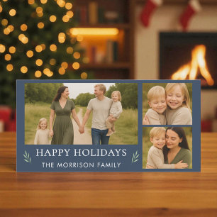 Festive Navy Blue Merry Christmas Photo Botanical Holiday Card