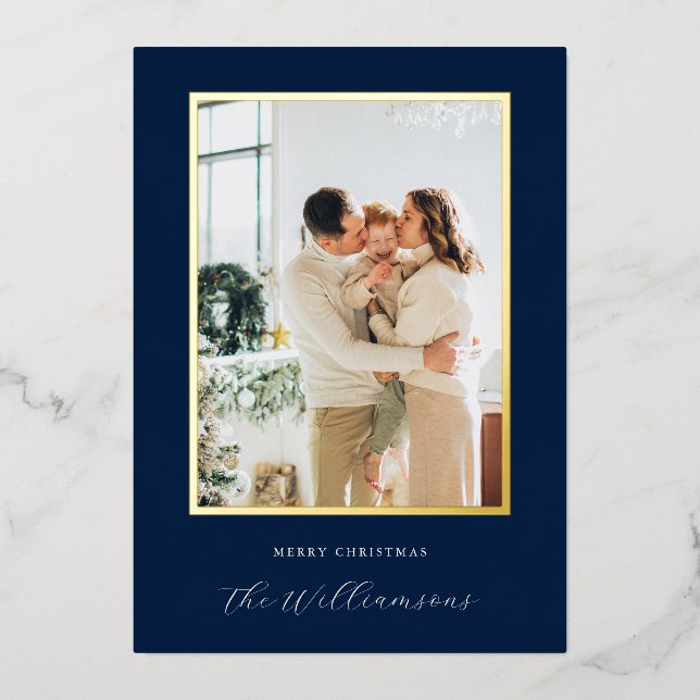 Festive Navy Blue Script Name Christmas Photo (Front)