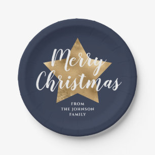 Festive Navy Blue Star Christmas Paper Plate