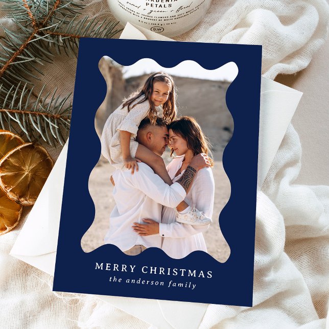 Festive Navy Retro Photo Frame Merry Christmas Holiday Card (Creator Uploaded)