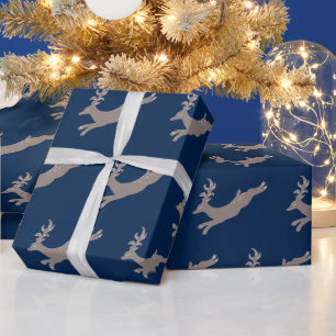 Festive Navy Tan Flying Reindeer Kids Christmas Wrapping Paper