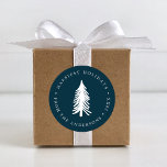 Festive Navy Winter Pine Christmas Tree Holiday Classic Round Sticker<br><div class="desc">Dress up your envelopes and gift boxes with our Festive Forest holiday stickers. The personalised stickers feature a white Christmas tree in the middle with "Happy Holidays",  your name & the current year bordering the round sticker against a navy background.</div>