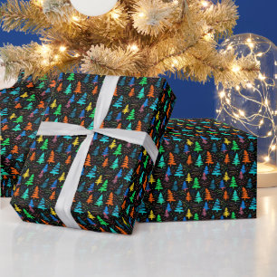 Festive Neon Black Blue Christmas Trees Pattern Wrapping Paper
