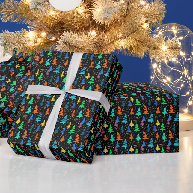 Festive Neon Black Blue Christmas Trees Pattern Wrapping Paper (Holidays)