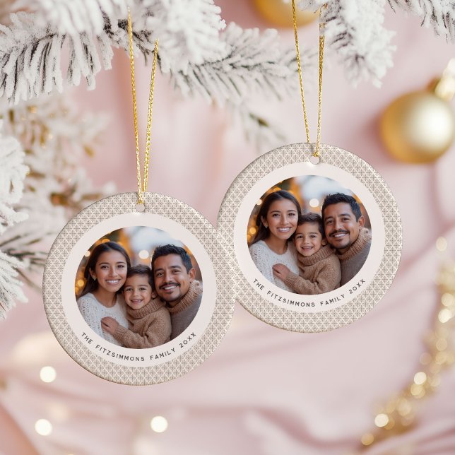 Festive Neutral Scandi Snowflake 2 Sided Photo Ceramic Tree Decoration (Neutral Snowflake Modern Double Sided Christmas Ornament brown)