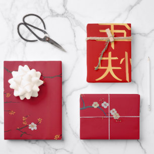 Festive New Year Emperor Red Cherry Blossom  Wrapping Paper Sheet