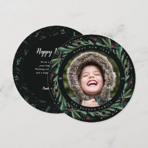 Festive New Year Wreath Leaves Berries Round Card