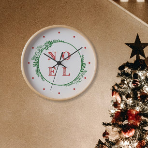 Festive Noel Red and Green Holly Wreath Clock