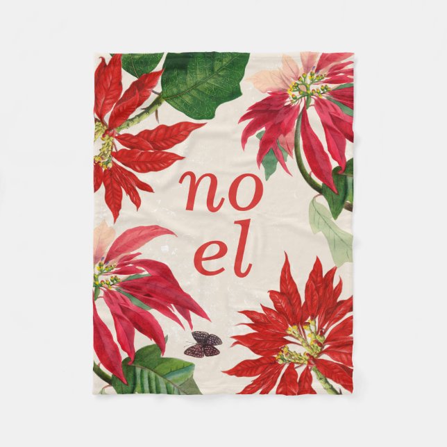 Festive Noel Watercolor Poinsettia Floral  Fleece Blanket (Front)