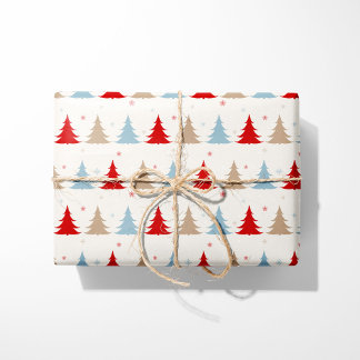 Festive Nordic Christmas Trees - Red, Blue & Beige Wrapping Paper