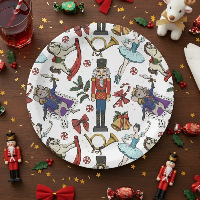 Festive Nutcracker Ballet Christmas Xmas Party Paper Plate (Colorful Festive Nutcracker Christmas Paper Plates. Nutcracker Pattern for Xmas & Birthday Party)