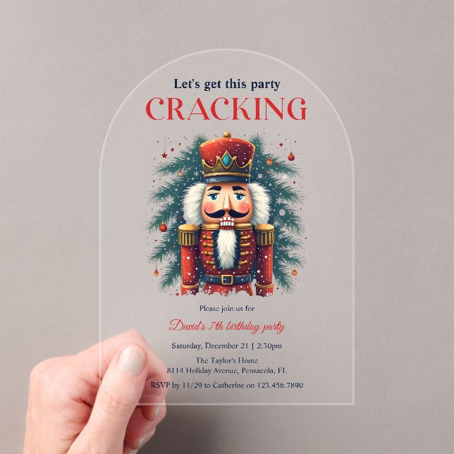 Festive Nutcracker Cracking Themed Birthday Party Acrylic Invitations (Insitu (Handheld))