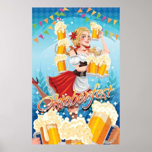 Festive Oktoberfest Maid in Red with Beers Poster (Front)