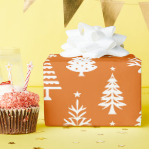 Festive Orange and White Christmas Tree Pattern Wrapping Paper