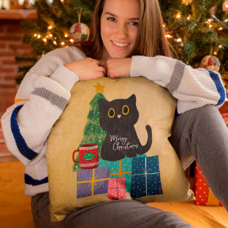 Festive Orange Cute Cat Coffee Merry Christmas Cushion