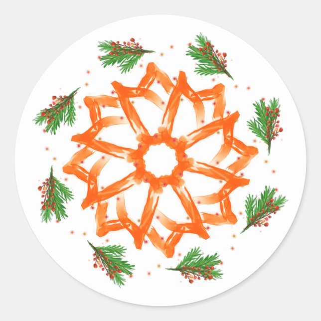 Festive Orange Floral Christmas Classic Round Sticker (Front)