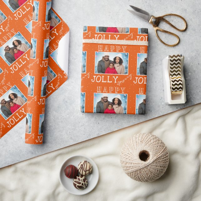 Festive Orange Jolly Merry Christmas Family Photo Wrapping Paper (Crafts)