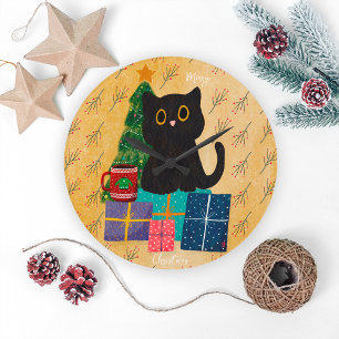 Festive Orange Merry Christmas Black Cat Coffee Large Clock