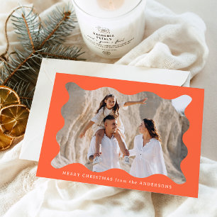 Festive Orange Retro Photo Frame Merry Christmas Holiday Card