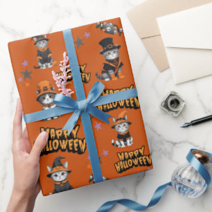 Festive orange Witch Cats in Halloween Disguise Wrapping Paper