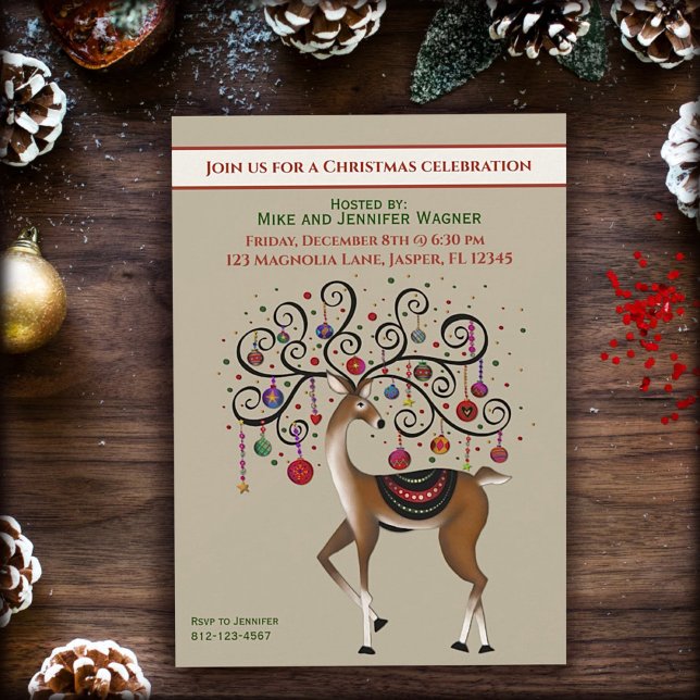 Festive Ornaments Reindeer Fun Custom Christmas  Invitation (Creator Uploaded)