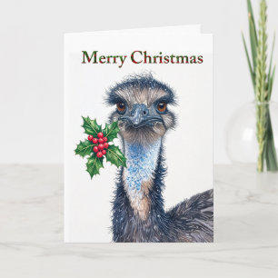 Festive Ostrich Holly Red Berries Merry Christmas Holiday Card