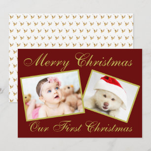 Festive Our First Christmas Gold 2 Photos Holiday  Card