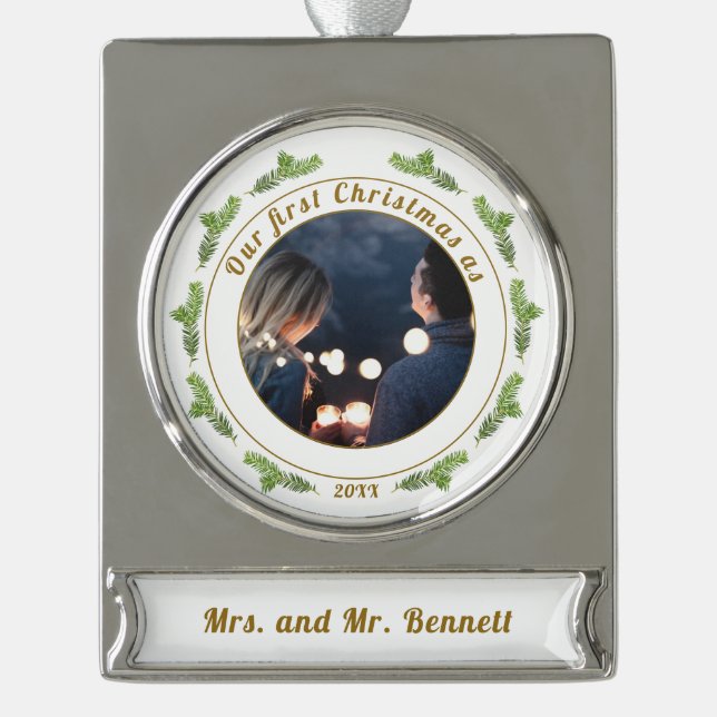 Festive Our First Christmas Script Photo Silver Plated Banner Ornament (Front)