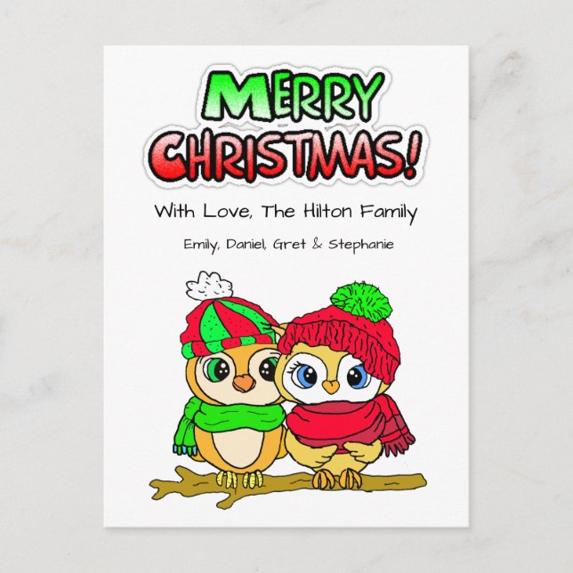 Festive Owl Couple cuddling on Branch Christmas Holiday Postcard (Front)