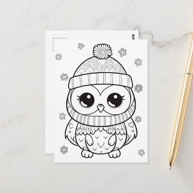 Festive owl kids colouring  postcard (Front/Back In Situ)