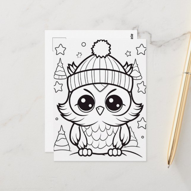 Festive owl kids colouring Postcard (Front/Back In Situ)