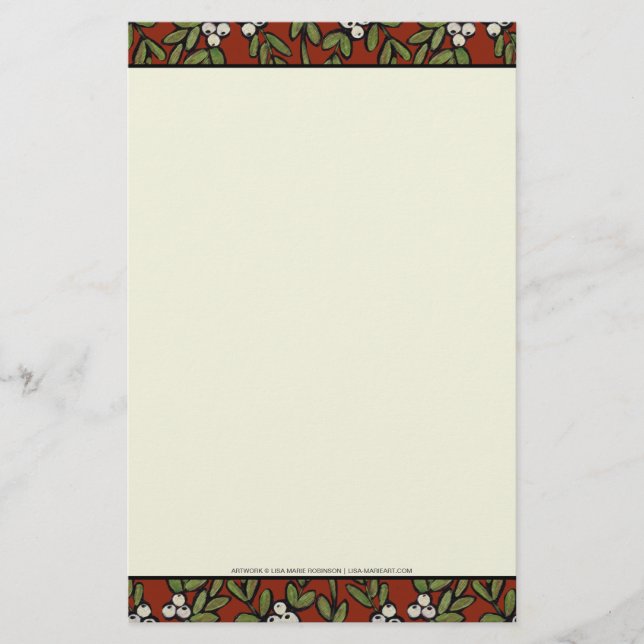 Festive Painted Mistletoe on Red Stationery (Front)