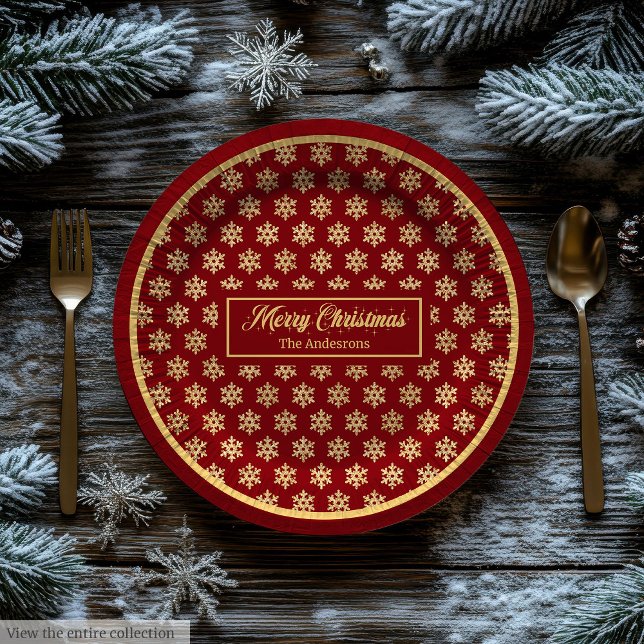 Festive Paper Plates Red Gold Christmas Snowflakes (Festive Paper Plates Red Gold Christmas Snowflakes)